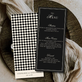 Elegante alte schwarze Elfenbein-Karo-Hochzeit Menükarte