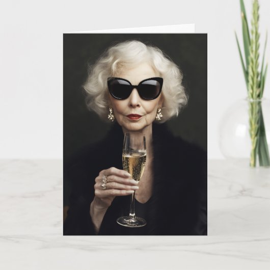 Elegante ältere Frau mit Champagner Einladung (Vorderseite)