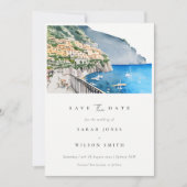 Elegante Amalfi Küste Italien Wasserfarbene Landsc Save The Date (Vorderseite)