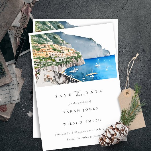 Elegante Amalfi Küste Italien Wasserfarbene Landsc Save The Date