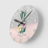 Elegante Ananas Blume Silver Glitzer Bokeh Runde Wanduhr (Winkel)
