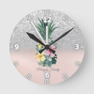 Elegante Ananas Blume Silver Glitzer Bokeh Runde Wanduhr