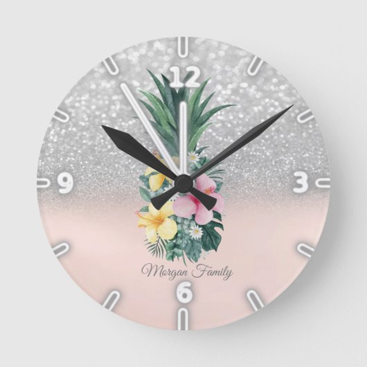 Elegante Ananas Blume Silver Glitzer Bokeh Runde Wanduhr (Vorderseite)