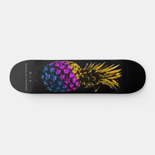 Elegante Ananas Monogramm Minimalistisches Schwarz Skateboard (Horizontal)