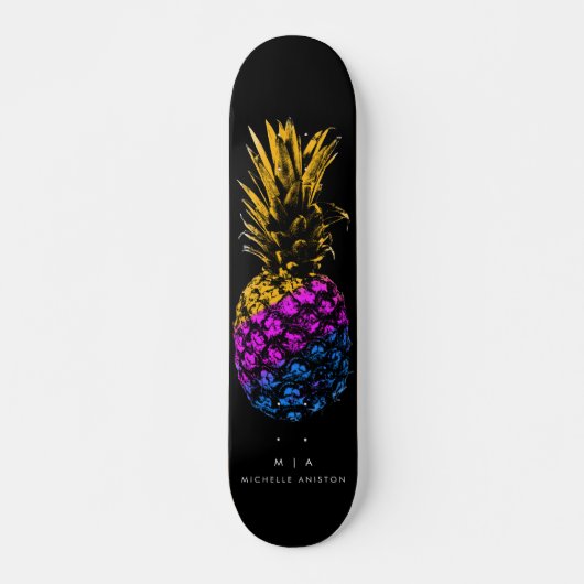 Elegante Ananas Monogramm Minimalistisches Schwarz Skateboard (Vorne)