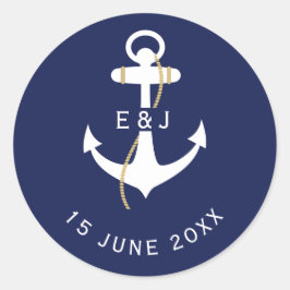 Elegante Anchor Nautical Wedding Initials Runder Aufkleber