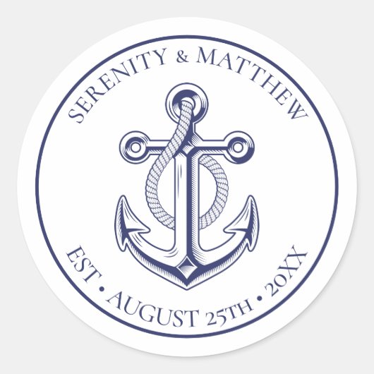 Elegante Anchor Navy Blue Nautical Wedding Runder Aufkleber (Vorderseite)