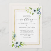 Elegante Anemone Blue Gold Floral Frame Wedding Einladung (Vorne/Hinten)