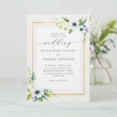 Elegante Anemone Blue Gold Floral Frame Wedding Einladung (Stehend Vorderseite)
