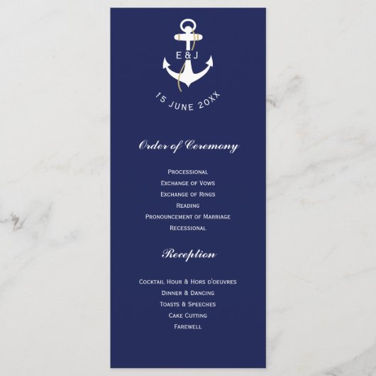 Elegante Anker Nahtische Hochzeitsinitialen Programm (Vorderseite)