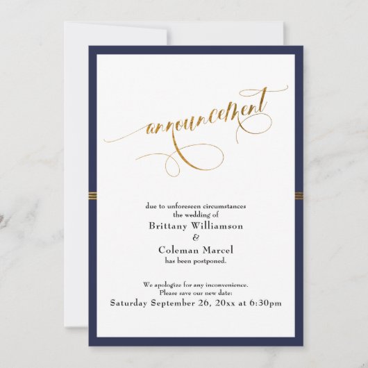Elegante Ankündigung Navy & Gold Stripe Card (Vorderseite)