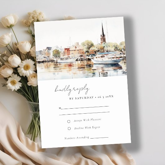 Elegante Annapolis Maryland Watercolor Wedding RSVP Karte