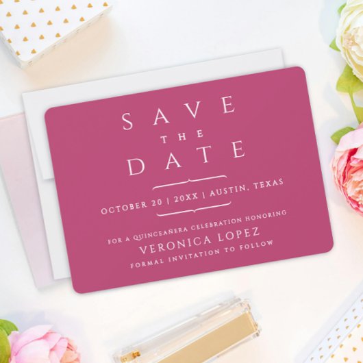 Elegante, anspruchsvolle dunkle Rose Mis Quince Añ Save The Date
