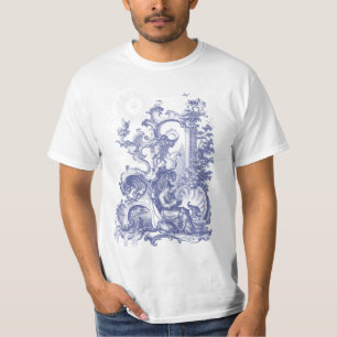 Elegante antike Gravur Blau Toile Mann und Hund T-Shirt