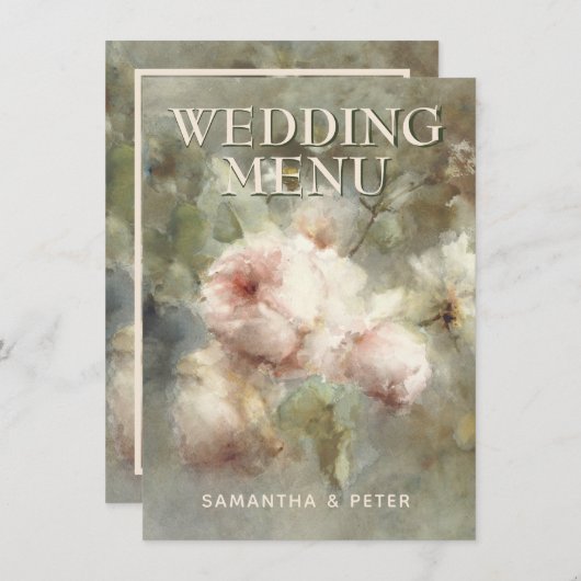 Elegante antike Rose, weich rosa Aquarellblume Menükarte (Vorne/Hinten)