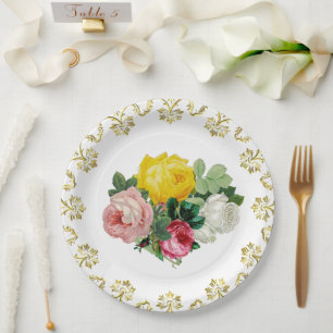 Elegante antike Rosen mit goldenen Blumen Hochzeit Pappteller