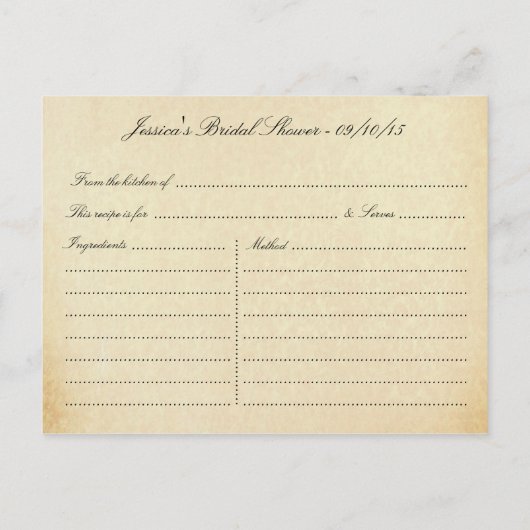 Elegante antike Wirbel Brautparty Rezept Karten (Rückseite)