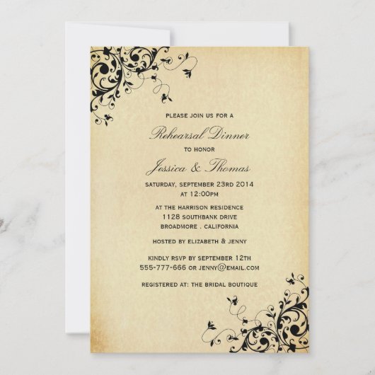 Elegante antike Wirbel Hochzeit Probe Dinner Einladung (Vorderseite)