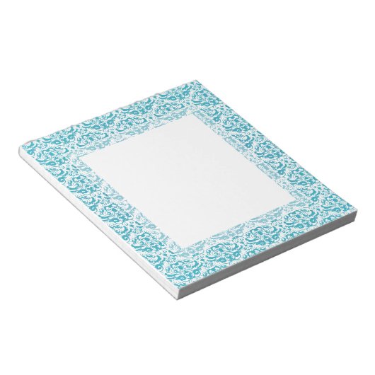 Elegante Aqua Aquamarin Blue Calligraphic Damask Notizblock (angewinkelt)