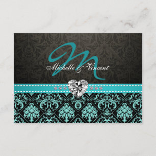Elegante Aqua Blue and Black Damask Monogram UAWG RSVP Karte