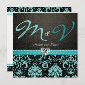 Elegante Aqua Blue / Black Damask Hochzeitsreise Einladung (Vorne/Hinten)