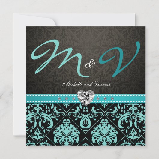 Elegante Aqua Blue / Black Damask Hochzeitsreise Einladung (Vorderseite)