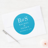 Elegante Aqua Blue Chic Moderne Monogram Wedding Runder Aufkleber (Umschlag)