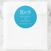Elegante Aqua Blue Chic Moderne Monogram Wedding Runder Aufkleber (Tasche)
