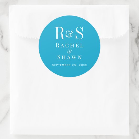 Elegante Aqua Blue Chic Moderne Monogram Wedding Runder Aufkleber (Tasche)