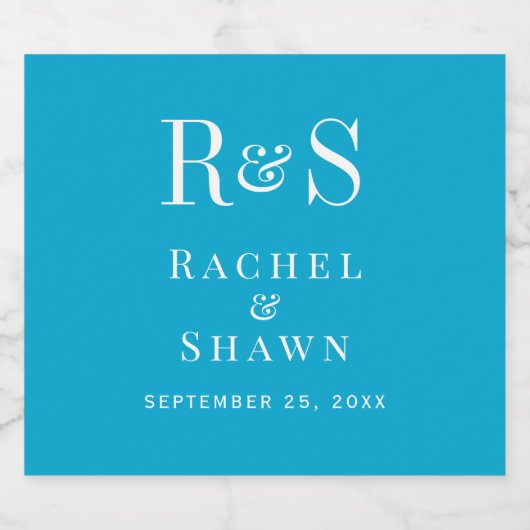Elegante Aqua Blue Chic Moderne Monogram Wedding Schaumweinetikett (Einzelnes Label)