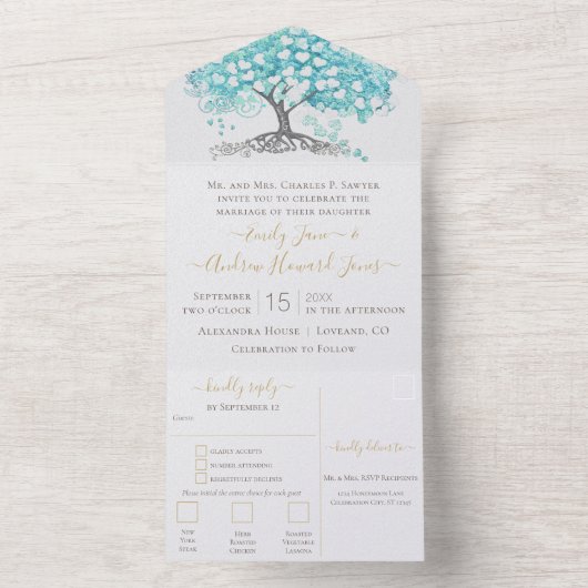 Elegante Aqua Blue Heart Leaf Tree Wedding All In One Einladung (Innen Boden)