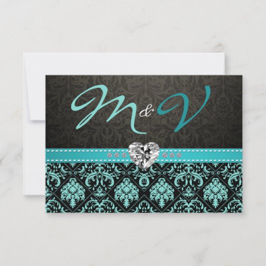 Elegante Aqua Blue und Black Damask mit Diamonds RSVP Karte (Vorderseite)