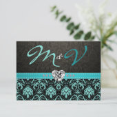 Elegante Aqua Blue und Black Damask mit Diamonds RSVP Karte (Stehend Vorderseite)