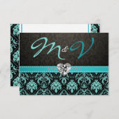 Elegante Aqua Blue und Black Damask mit Diamonds RSVP Karte (Vorne/Hinten)