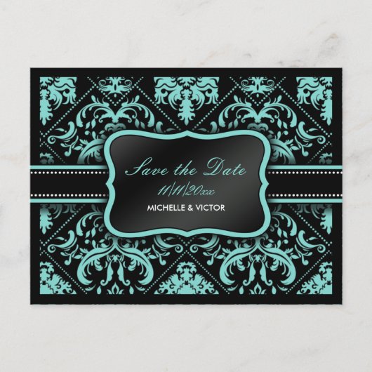 Elegante Aqua Blue und Black Damask Save the Date Ankündigungspostkarte (Vorderseite)