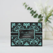Elegante Aqua Blue und Black Damask Save the Date Ankündigungspostkarte (Stehend Vorderseite)