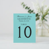 Elegante Aqua Blue Wedding Tischnummer Card (Stehend Vorderseite)