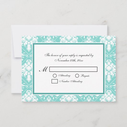 Elegante Aqua Blue & White Damask Monogram UAWG RSVP Karte (Rückseite)