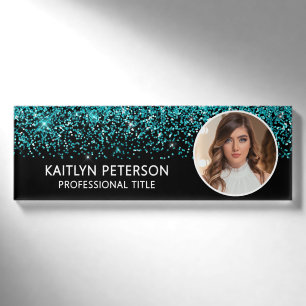 Elegante Aqua-Glitter-Mitarbeiter-Foto-ID Schwarz Namenschild