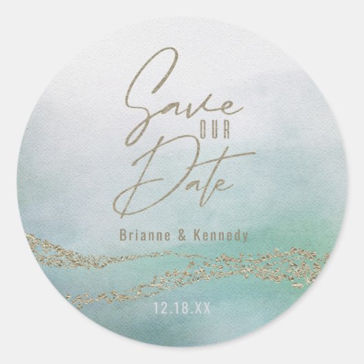 Elegante Aqua & Gold Save the Date Runder Aufkleber (Vorderseite)