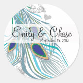 Elegante Aqua Gray 3 Peacock Feathers Wedding Runder Aufkleber (Vorderseite)