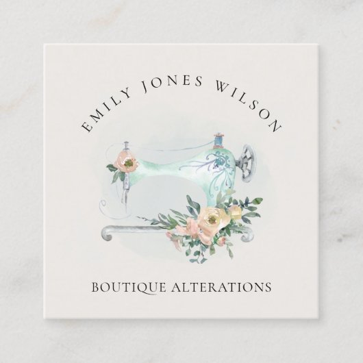 Elegante Aqua Gray Nähmaschine Blumenmatte Quadratische Visitenkarte (Vorderseite)