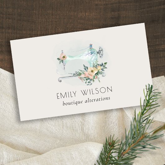 Elegante Aqua Gray Nähmaschine Blumenmatte Visitenkarte
