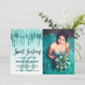 Elegante Aqua Mint Glitzer Tropfen 16 . Geburtstag Einladung (Stehend Vorderseite)