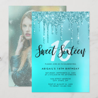 Elegante Aqua Mint Glitzer Tropfen 16 . Geburtstag Einladung