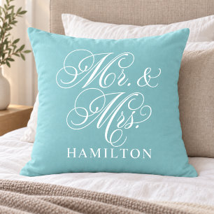 Elegante Aqua-Mr-und-Mrs-Script-Hochzeit Kissen