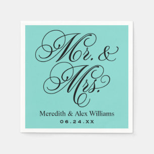 Elegante Aqua Mr und Mrs Script Hochzeit Serviette