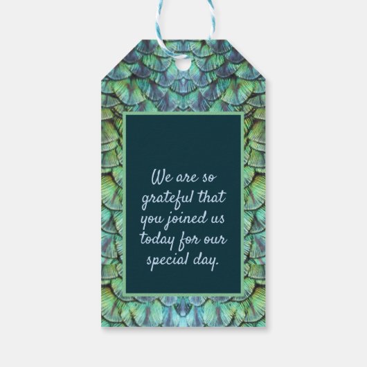 Elegante Aqua Peacock Feathers Gastgeschenk Hochze Geschenkanhänger (Rückseite)