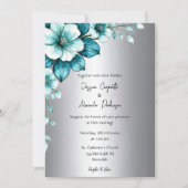 Elegante Aqua Rose & Silver Script Wedding Einladung (Vorderseite)