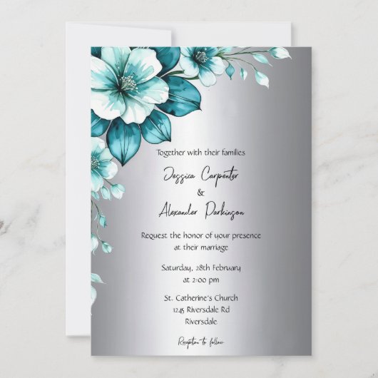 Elegante Aqua Rose & Silver Script Wedding Einladung (Vorderseite)